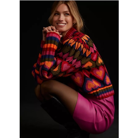 Farm Rio Full of Hearts Mock Neck Sweater Size Large - Picture 2 of 12